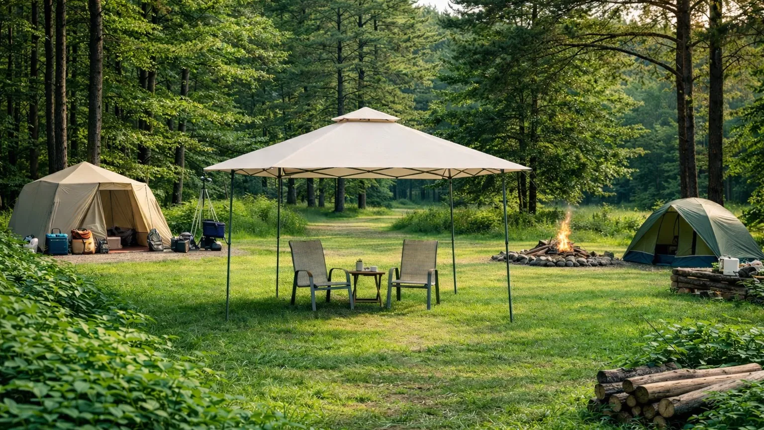 A Garden Winds canopy at a forest campsite with tents and a campfire