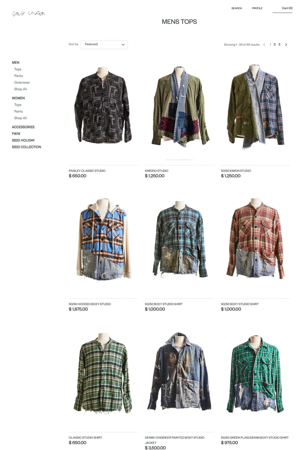 The Greg Lauren men's tops collection page