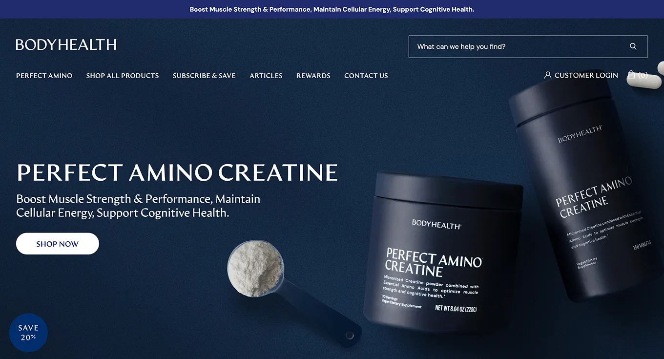 The BodyHealth homepage promoting Perfect Amino Creatine